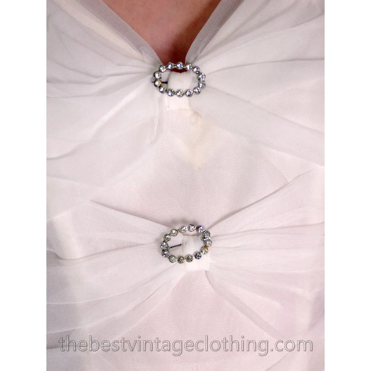 VTG1950s S Nylon Chiffon Dress Long Gown Sheer White Evening Party Wedding Rhinestones