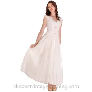 VTG1950s S Nylon Chiffon Dress Long Gown Sheer White Evening Party Wedding Rhinestones