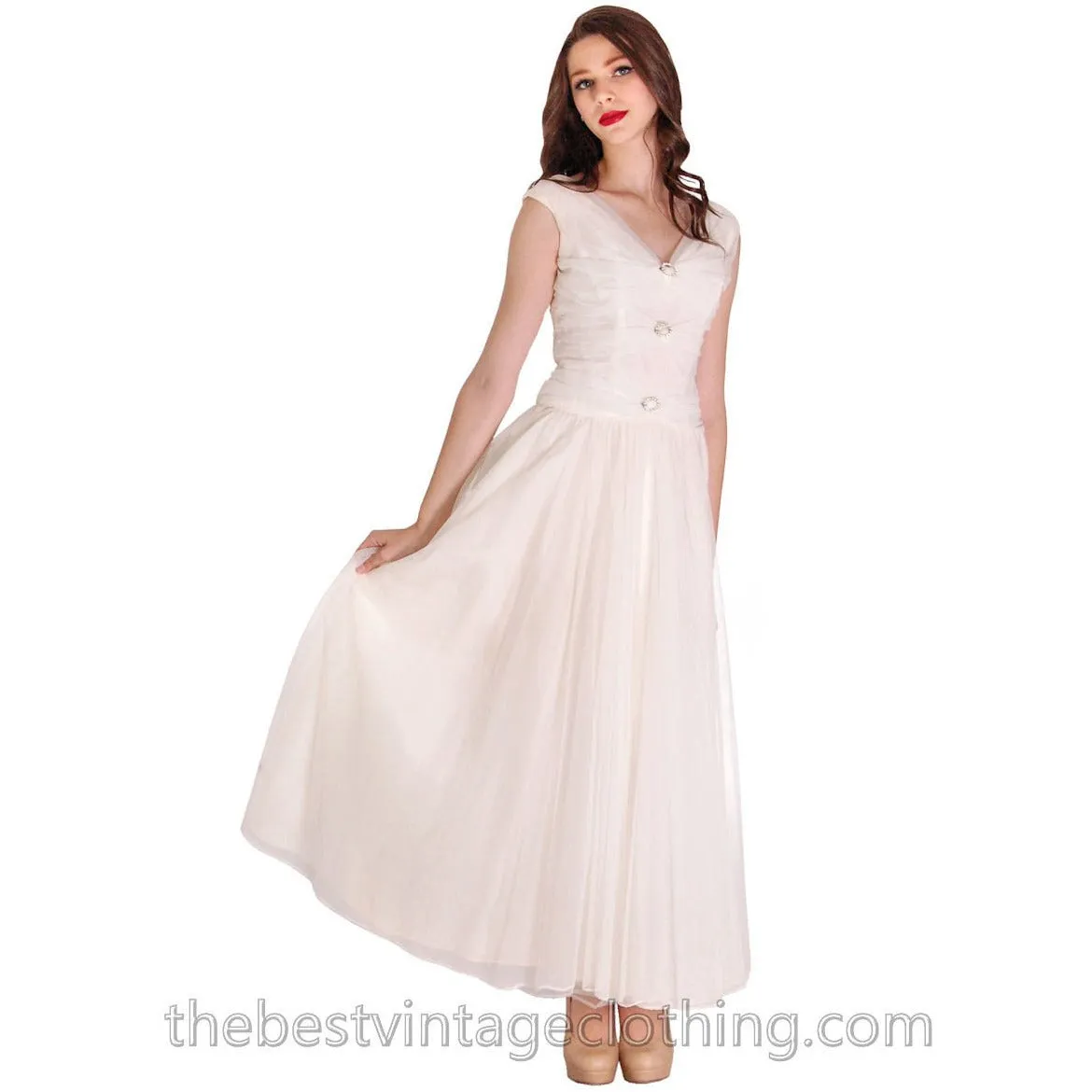 VTG1950s S Nylon Chiffon Dress Long Gown Sheer White Evening Party Wedding Rhinestones
