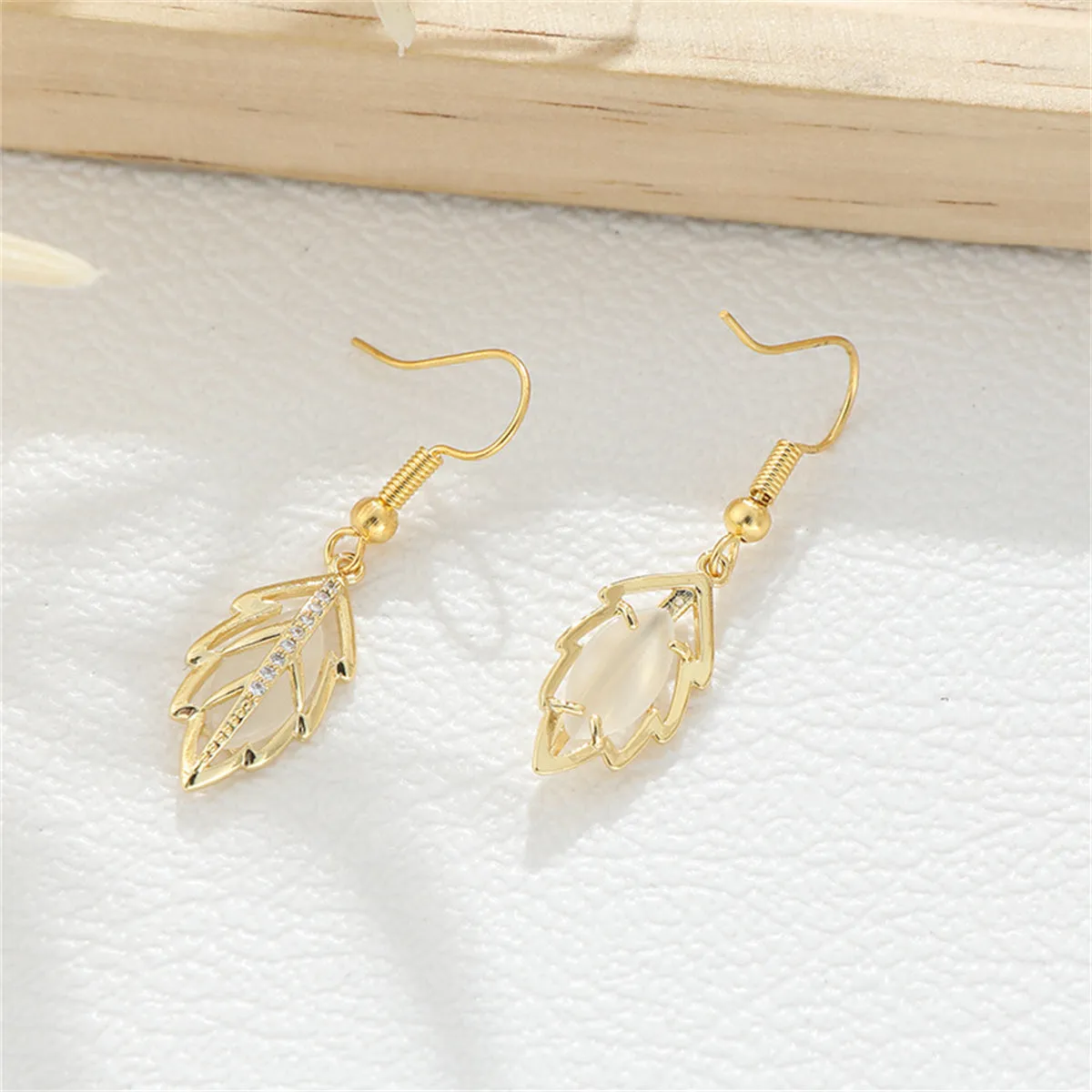 White Cat-Eye & Cubic Zirconia Openwork Pavé Leaf Drop Earrings