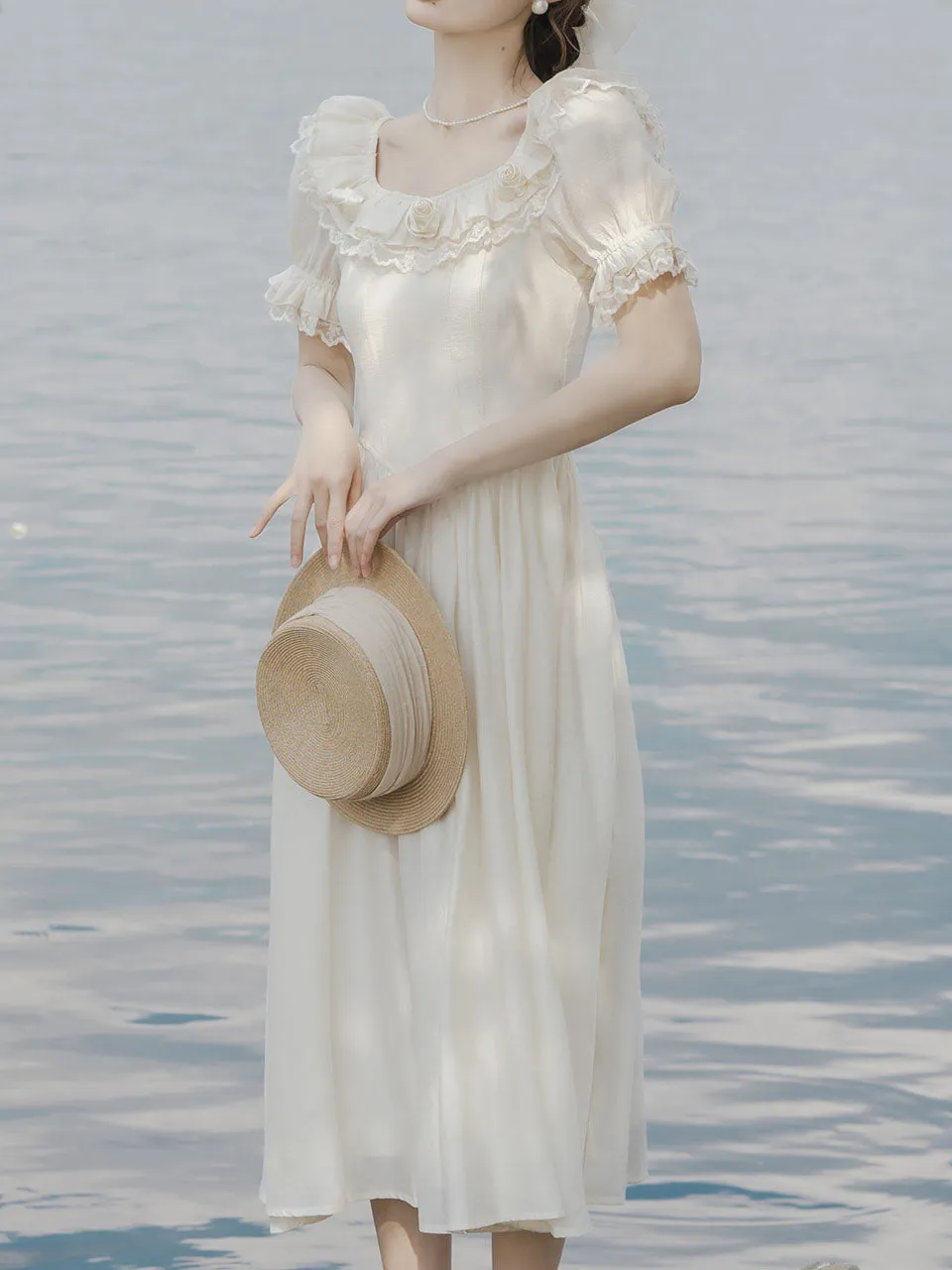 White Puff Sleeve Rose Vintage 1950S Swing Victoria's Fairy Dress