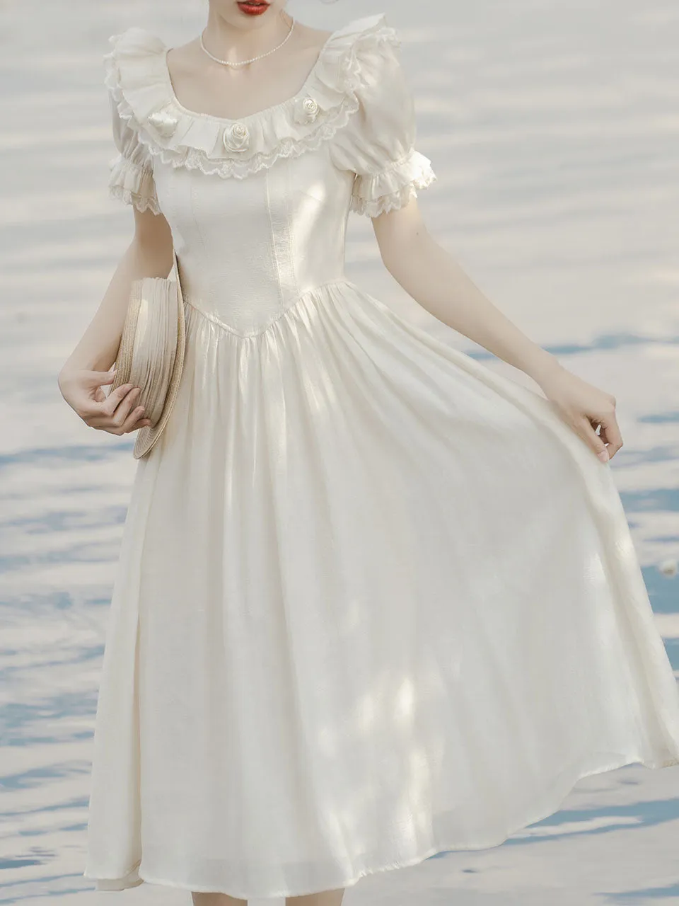 White Puff Sleeve Rose Vintage 1950S Swing Victoria's Fairy Dress
