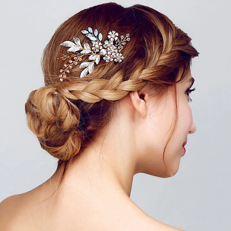 Women Lady Hairpin Hair Comb Clip Floral Head Piece Crystal Flower Bride Hair Pins Wedding Bridal Hairs Accessories Gift KQS8