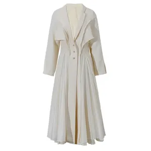 Women's Pleated Long Elegant Dress Lapel Neck Long Sleeve Loose Fit Fashion