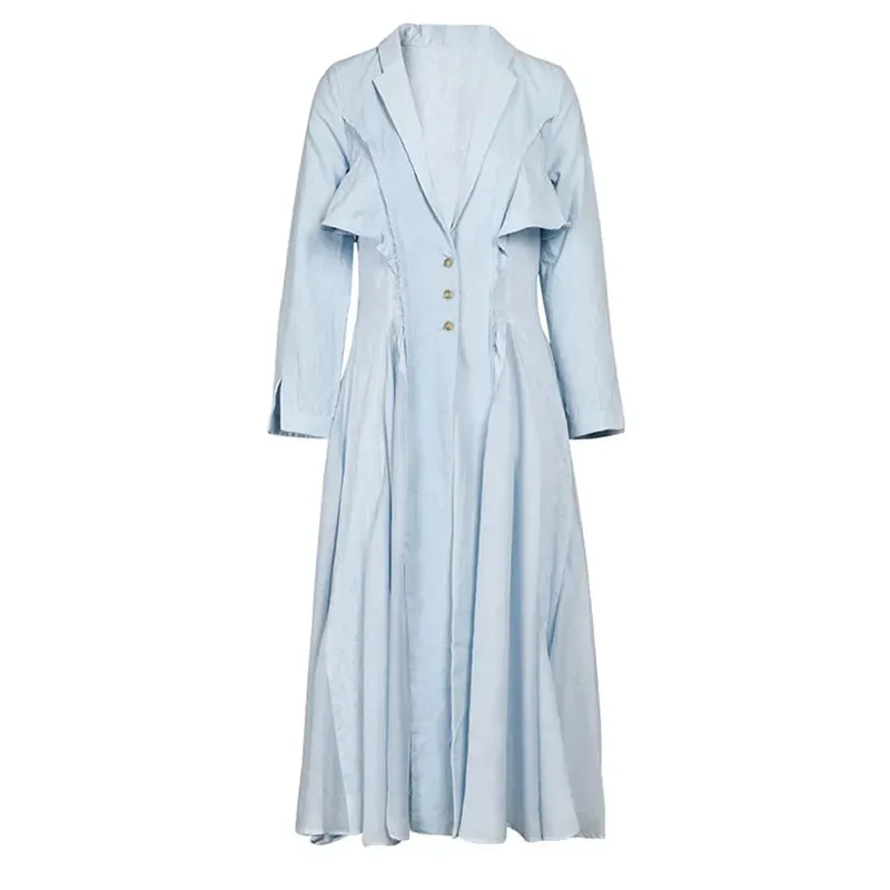 Women's Pleated Long Elegant Dress Lapel Neck Long Sleeve Loose Fit Fashion
