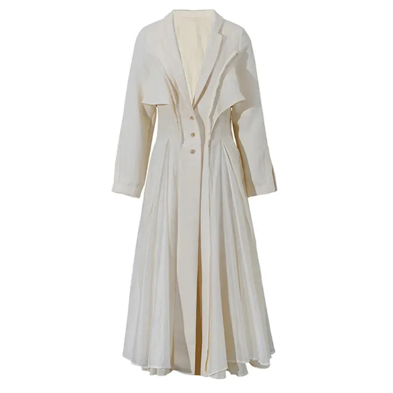 Women's Pleated Long Elegant Dress Lapel Neck Long Sleeve Loose Fit Fashion