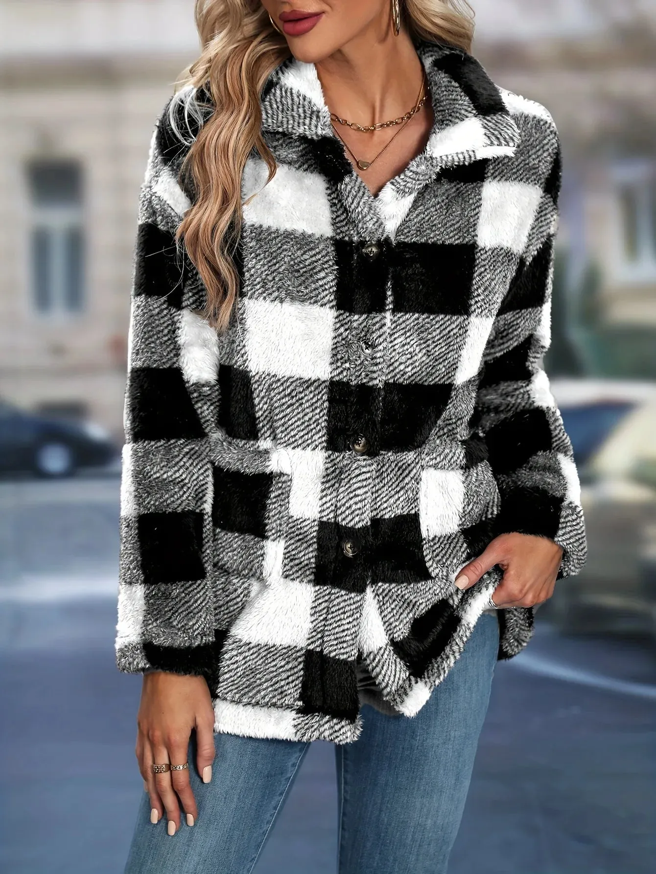 Women's Sherpa Plaid Pattern Button-Up Jacket Lapel Fall Winter Coat
