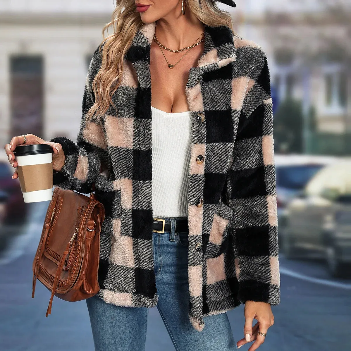 Women's Sherpa Plaid Pattern Button-Up Jacket Lapel Fall Winter Coat
