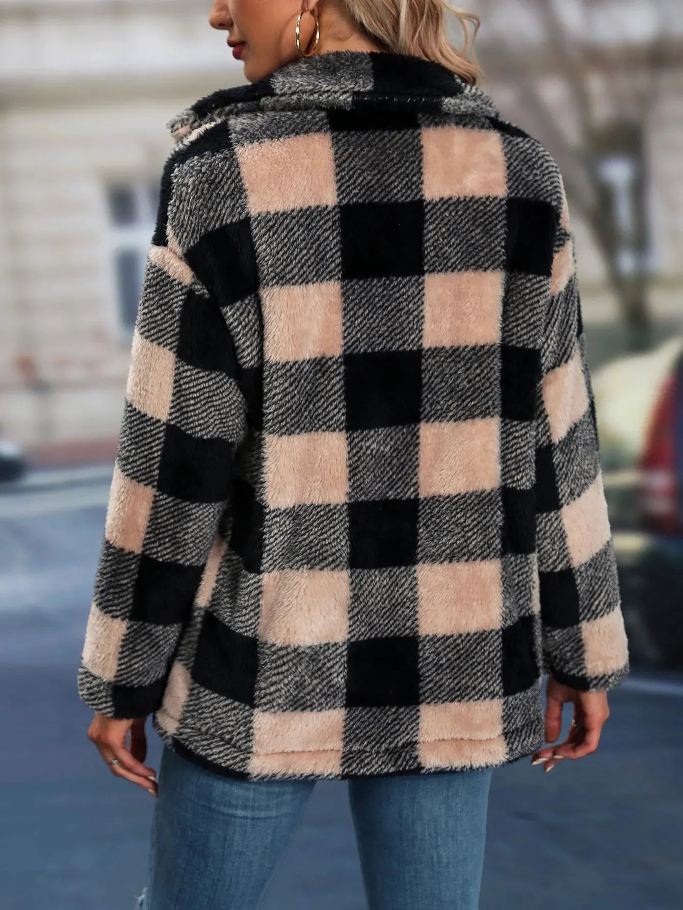 Women's Sherpa Plaid Pattern Button-Up Jacket Lapel Fall Winter Coat