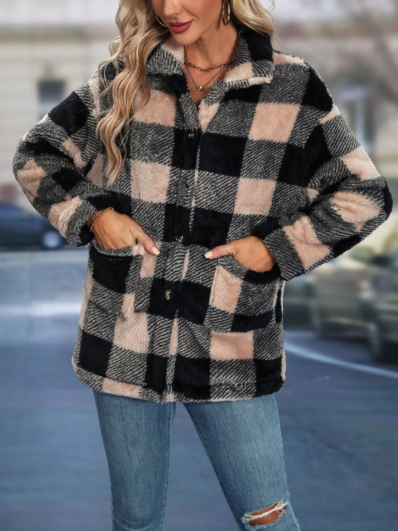 Women's Sherpa Plaid Pattern Button-Up Jacket Lapel Fall Winter Coat