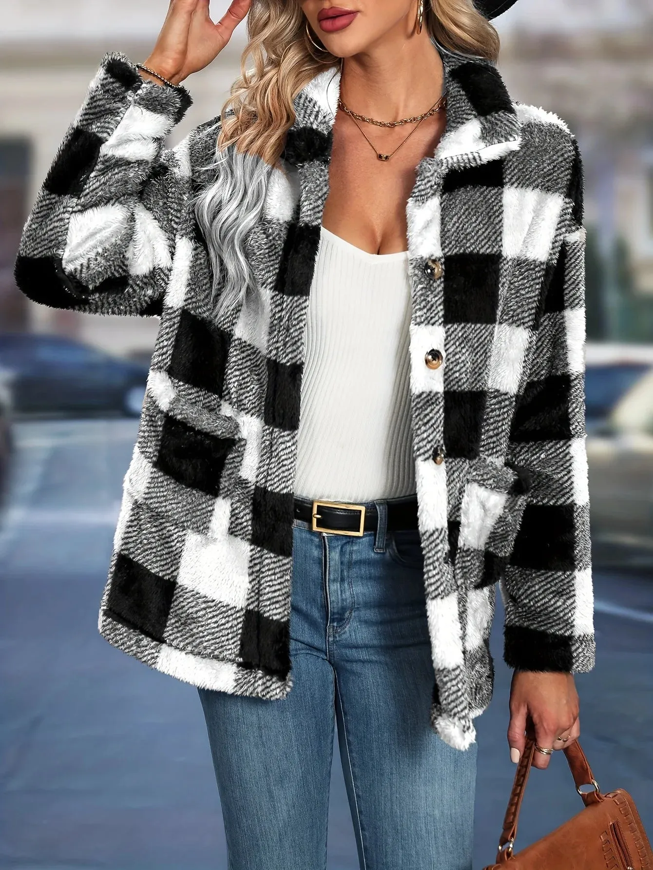 Women's Sherpa Plaid Pattern Button-Up Jacket Lapel Fall Winter Coat