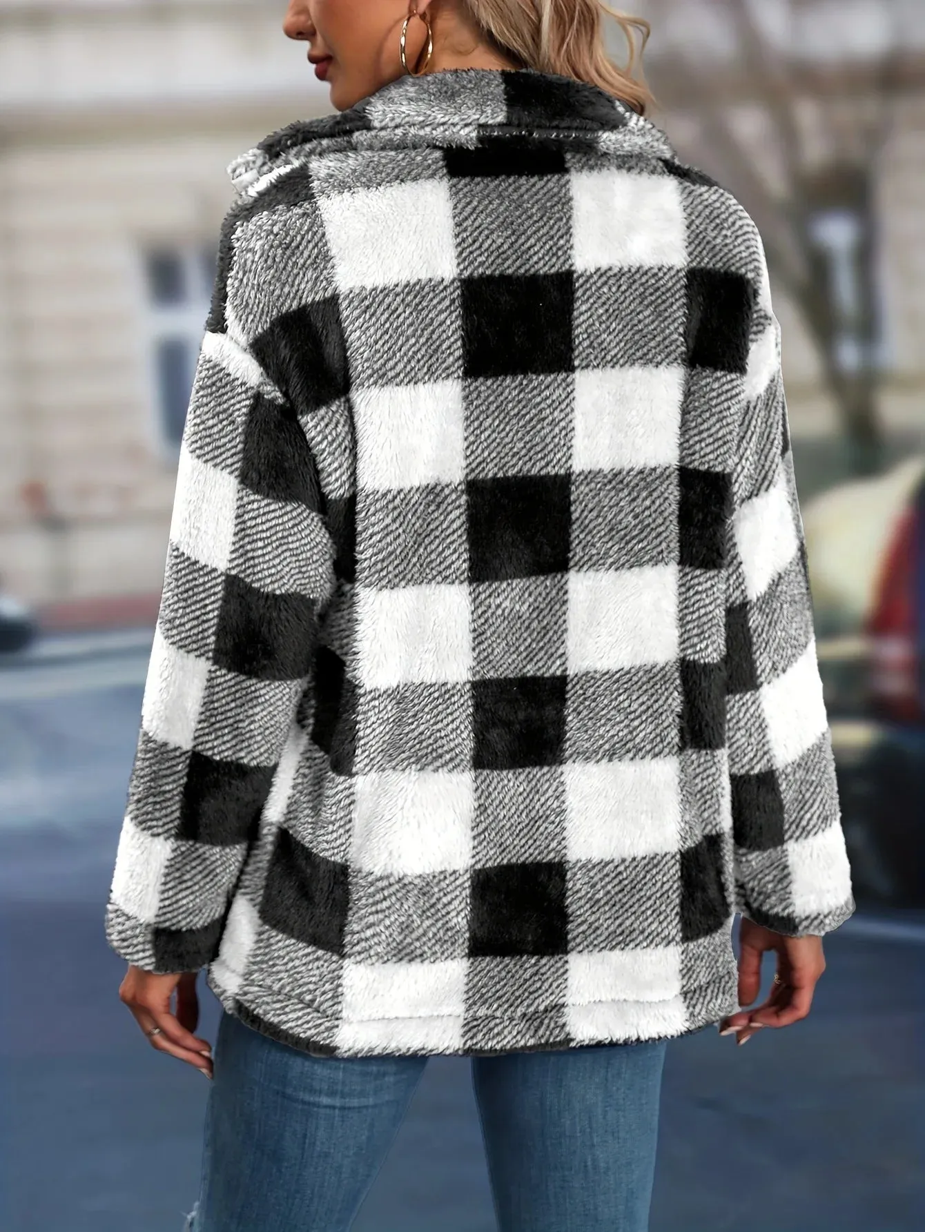 Women's Sherpa Plaid Pattern Button-Up Jacket Lapel Fall Winter Coat