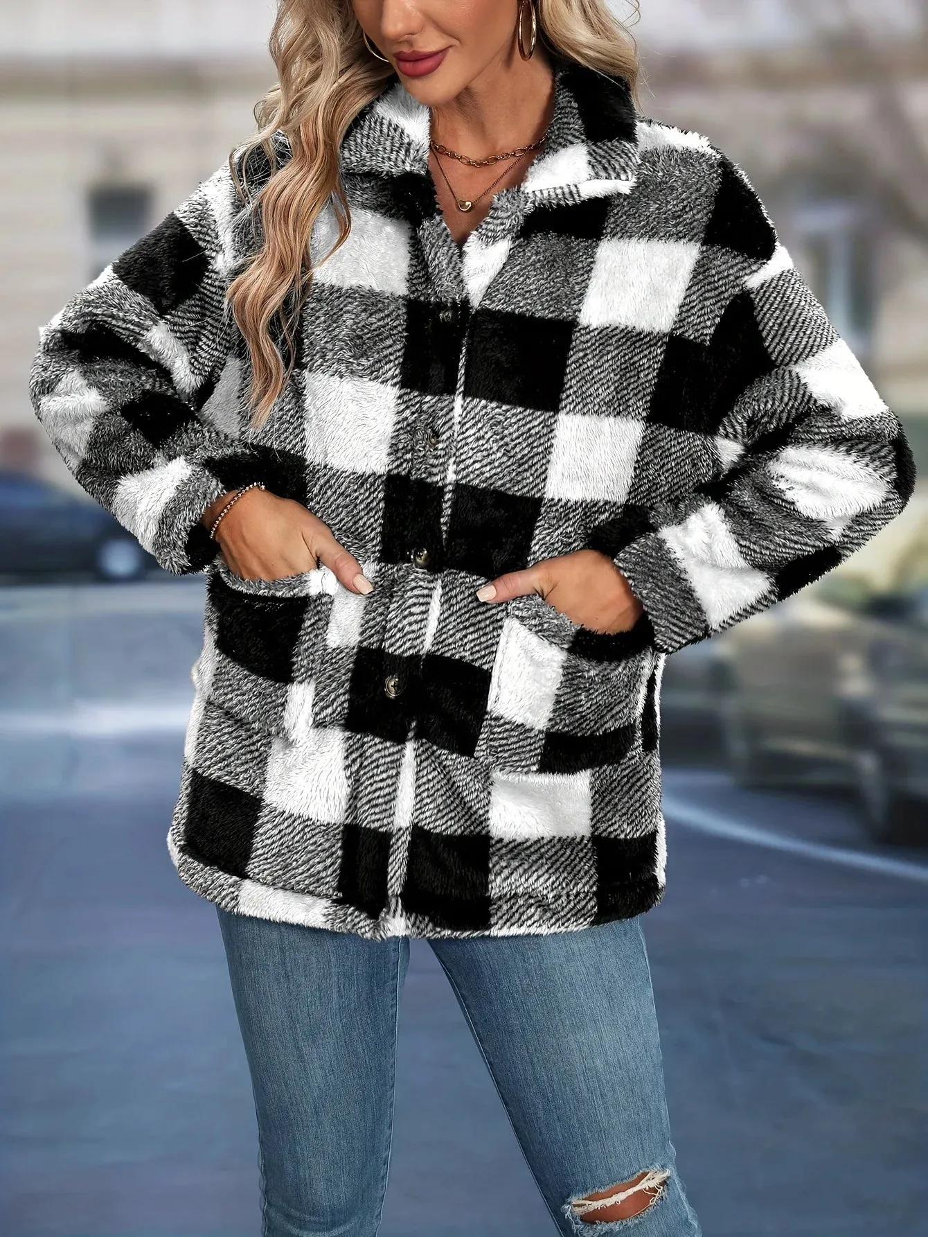 Women's Sherpa Plaid Pattern Button-Up Jacket Lapel Fall Winter Coat