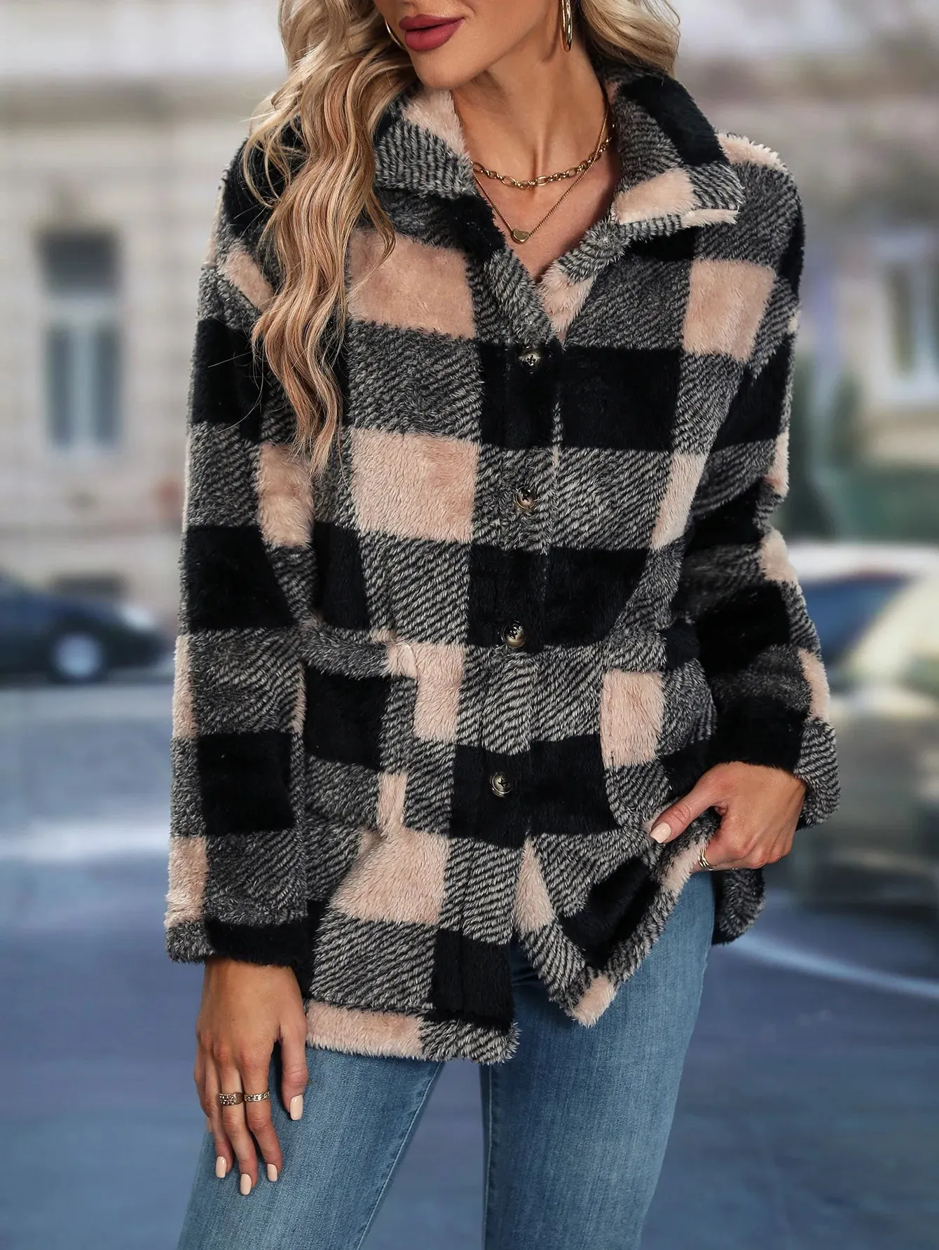 Women's Sherpa Plaid Pattern Button-Up Jacket Lapel Fall Winter Coat