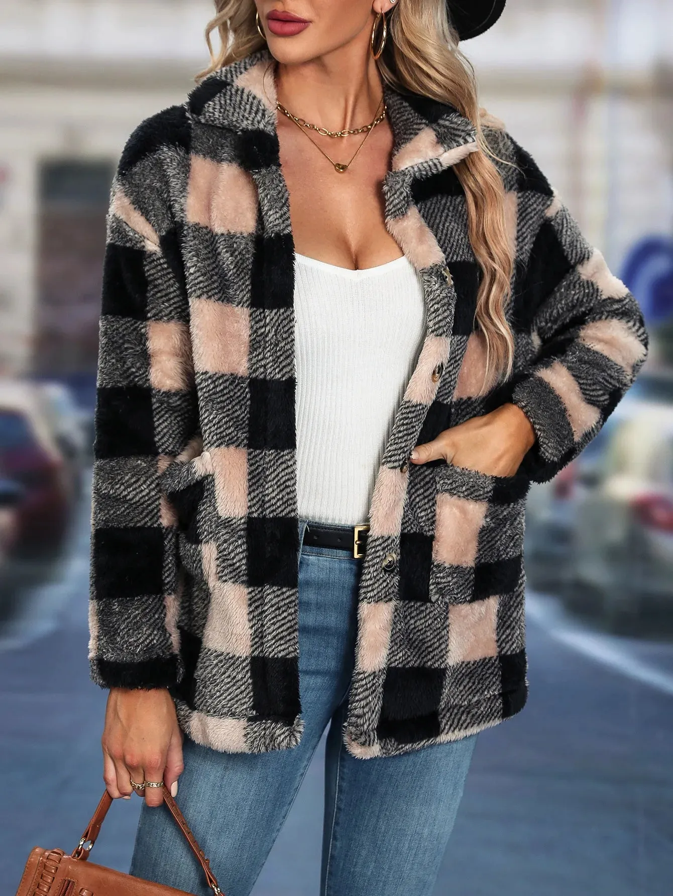 Women's Sherpa Plaid Pattern Button-Up Jacket Lapel Fall Winter Coat