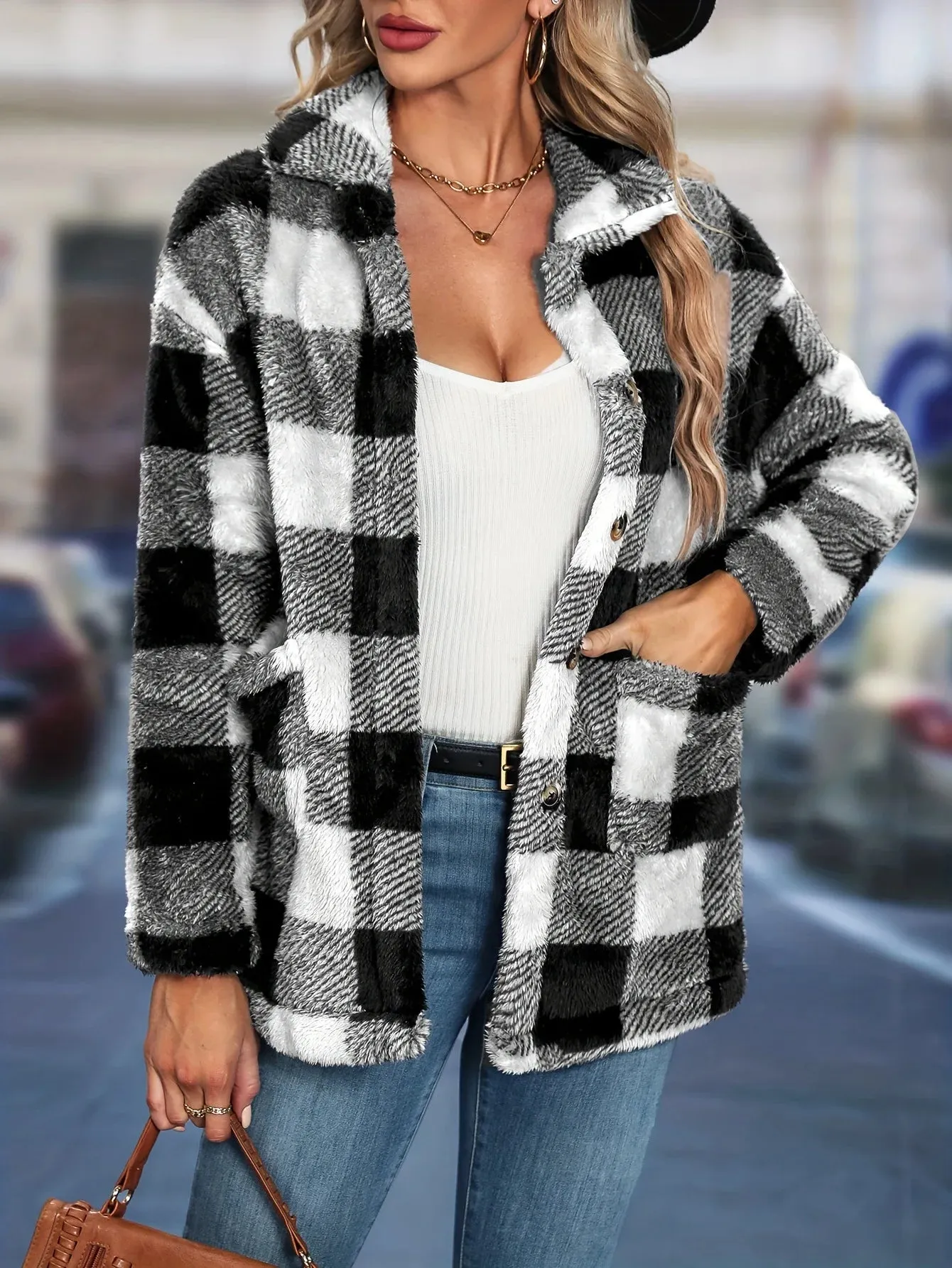 Women's Sherpa Plaid Pattern Button-Up Jacket Lapel Fall Winter Coat