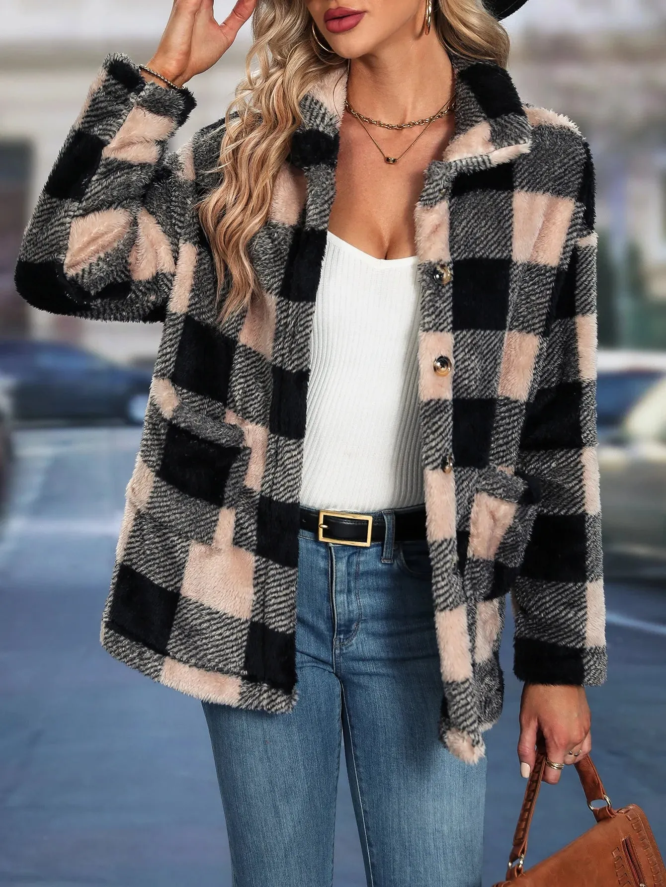 Women's Sherpa Plaid Pattern Button-Up Jacket Lapel Fall Winter Coat