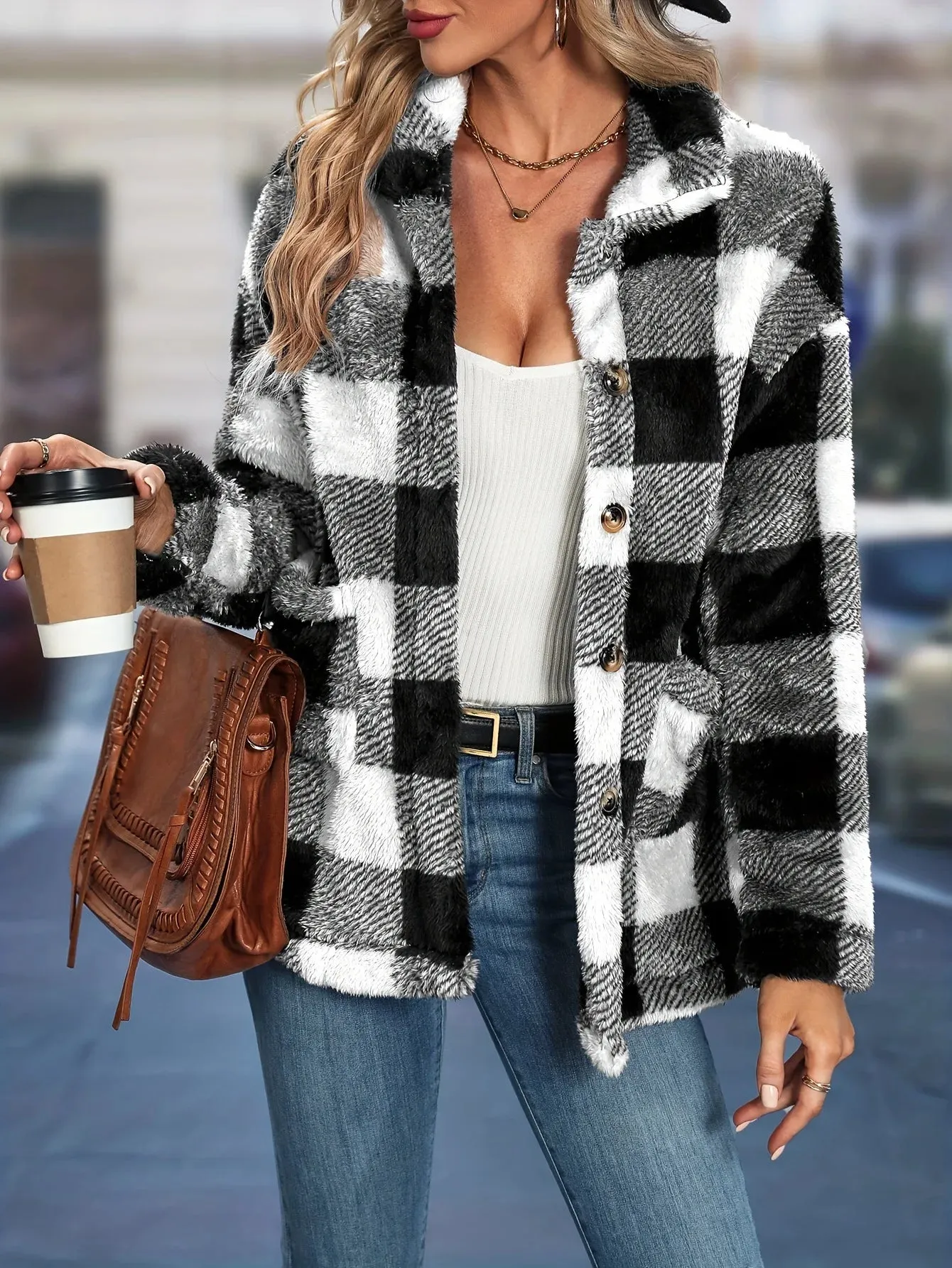 Women's Sherpa Plaid Pattern Button-Up Jacket Lapel Fall Winter Coat
