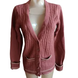 Women's Small Vintage 1970's Cardigan Sweater Collage Cable Knit Ringer Korea