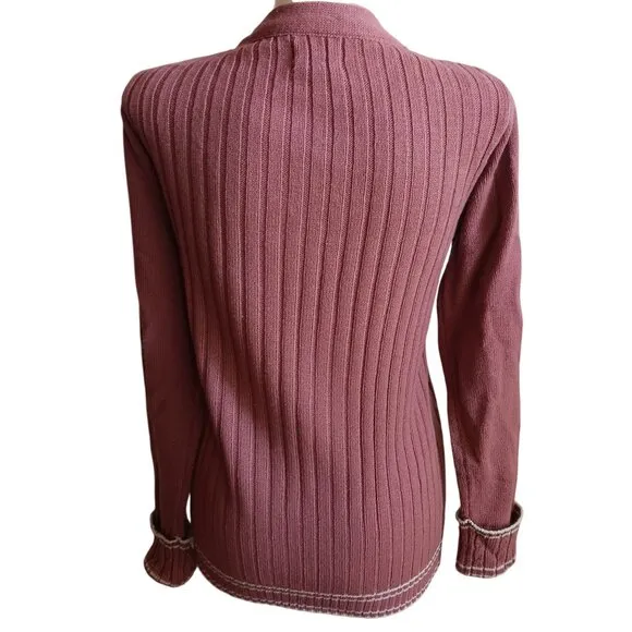 Women's Small Vintage 1970's Cardigan Sweater Collage Cable Knit Ringer Korea
