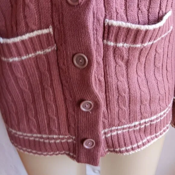 Women's Small Vintage 1970's Cardigan Sweater Collage Cable Knit Ringer Korea