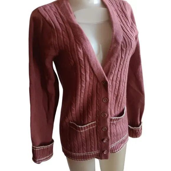 Women's Small Vintage 1970's Cardigan Sweater Collage Cable Knit Ringer Korea