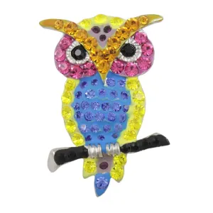Yellow Pink and Blue Colorful Crystal Owl Pin - PRB510